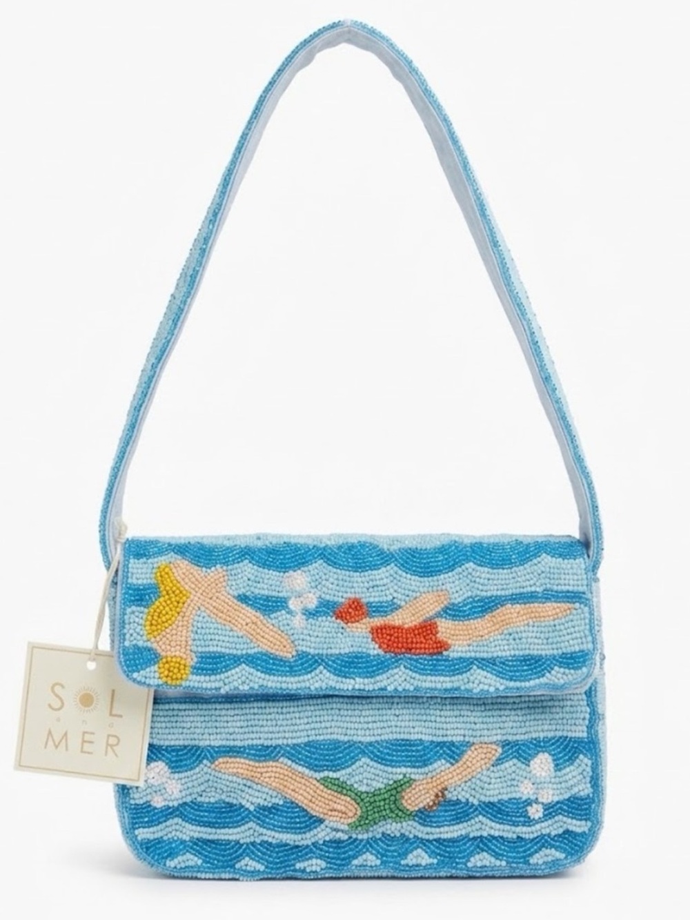 NWT Sol & Mer Beaded Swimmer Shoulder Bag Blue Coastal Baguette Purse Viral